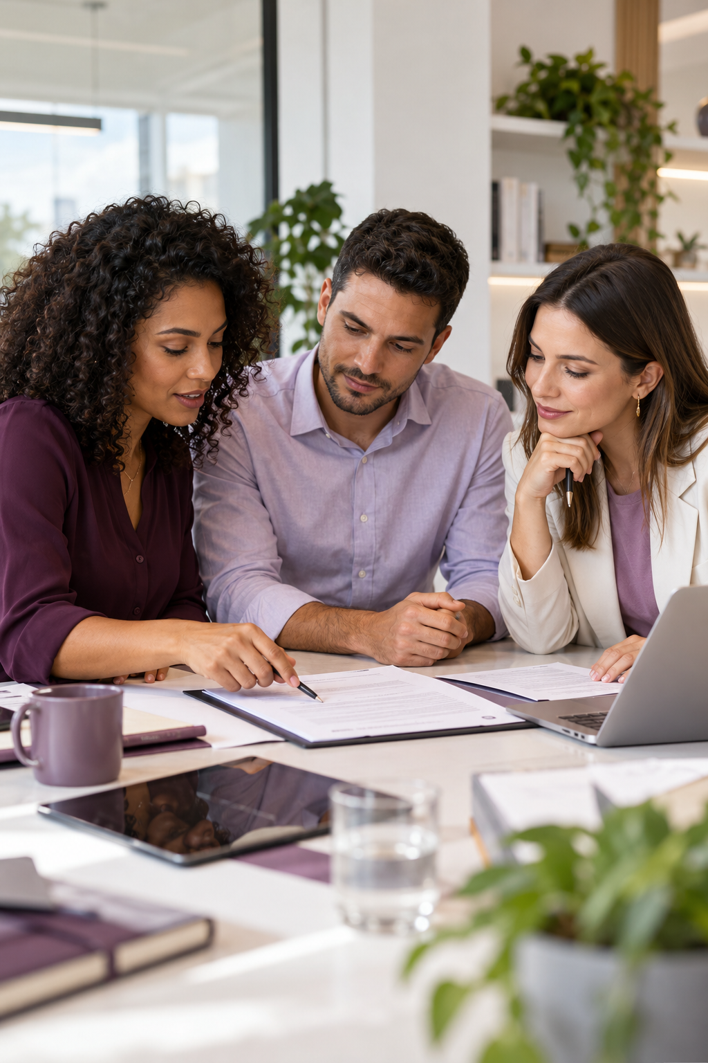 Equipe colaborando na revisão de documentos